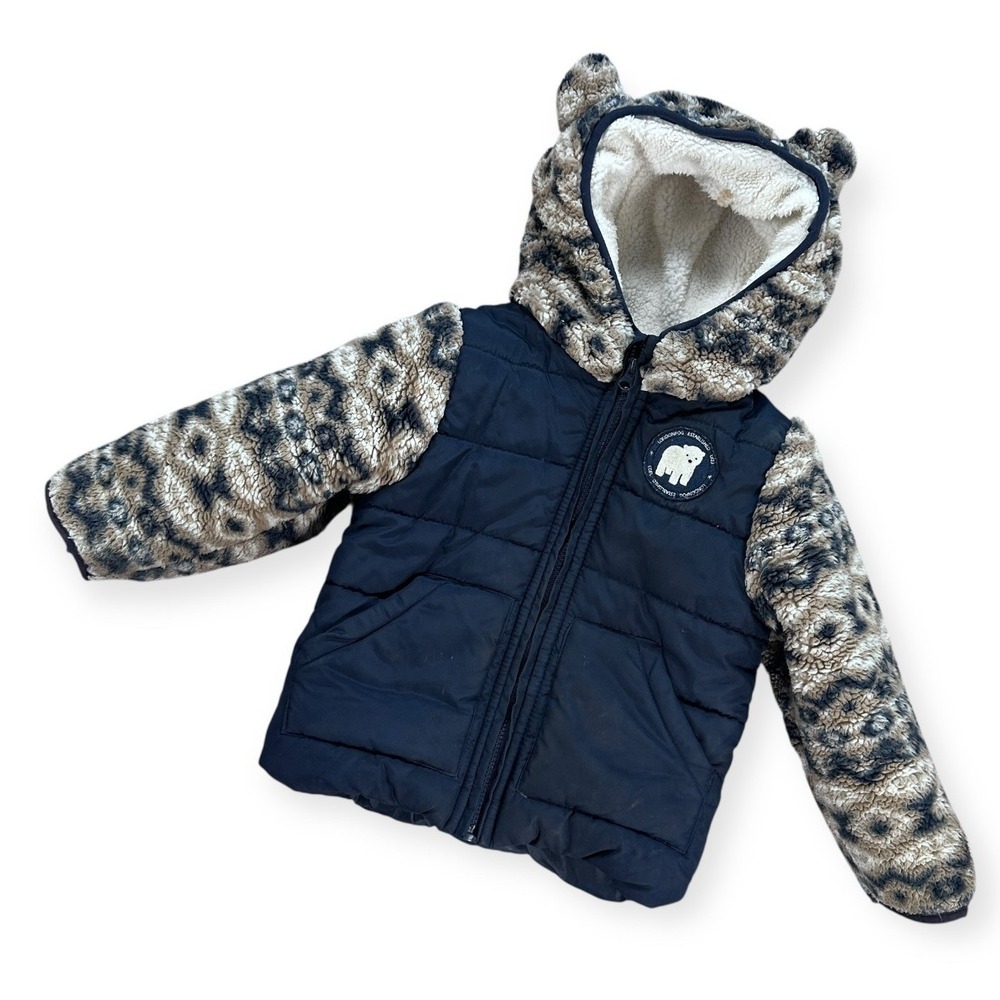 London Fog Boys 4T Navy Puffer Jacket Leopard Sherpa Sleeves Animal Ear Hood